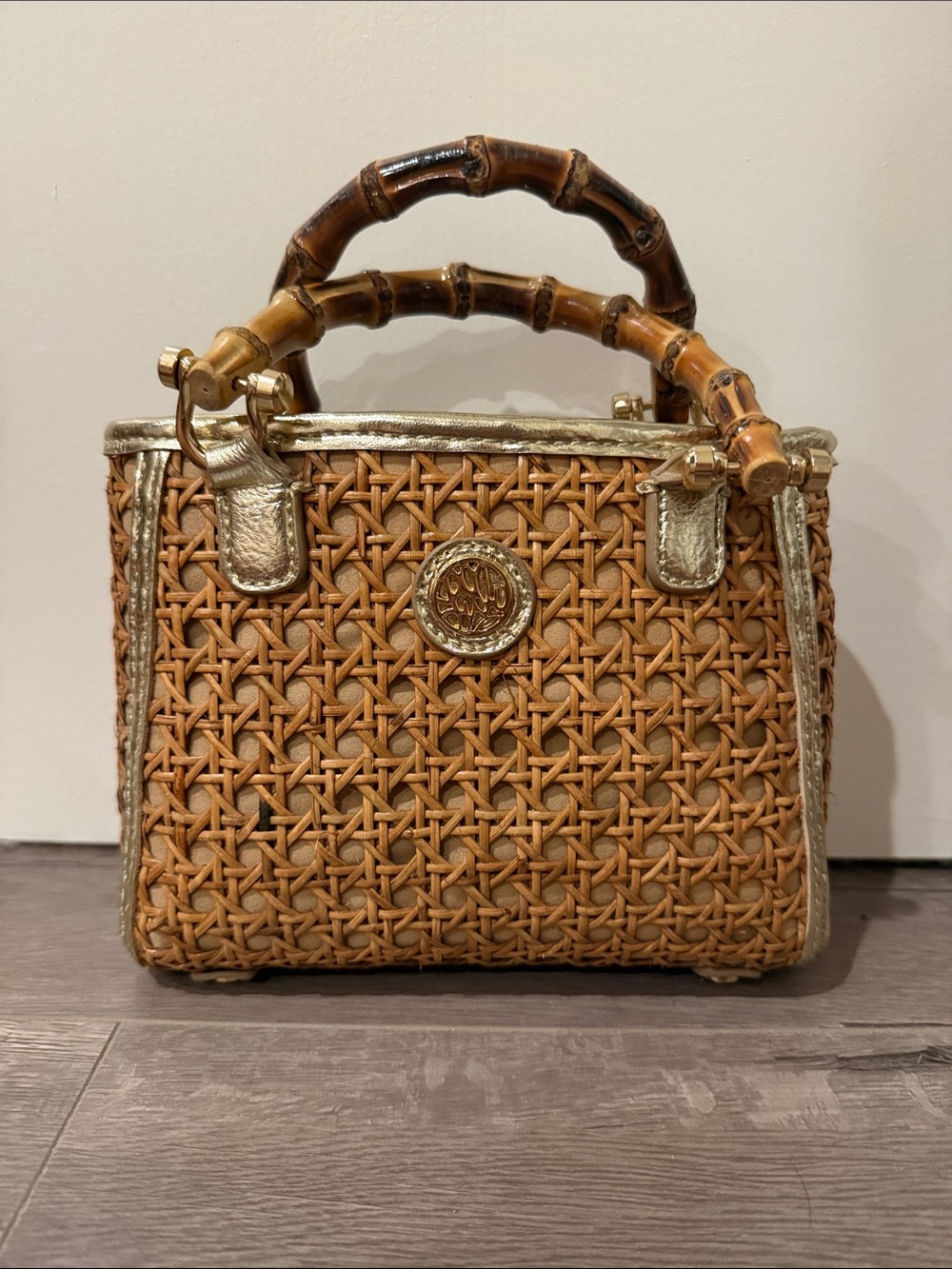 Woven Bamboo Handle Straw Tote in Tan with Gold Trim